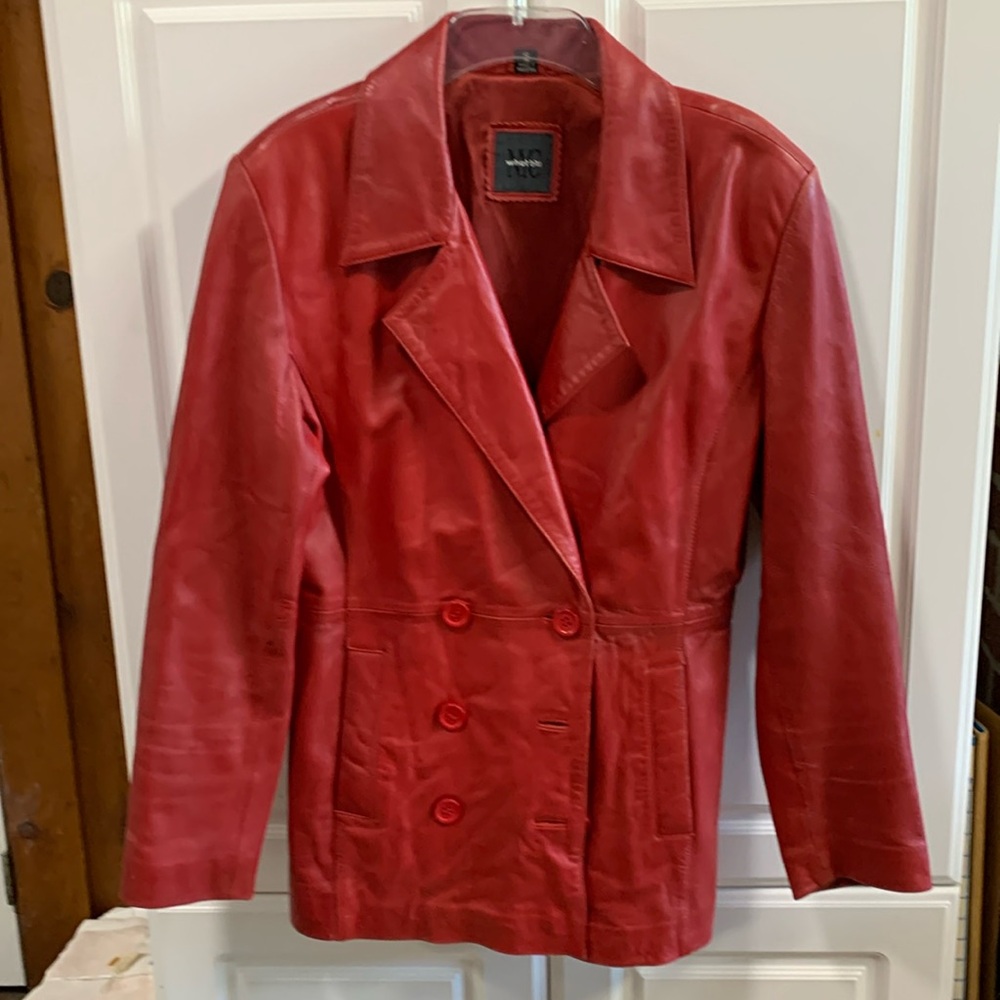 Ladies size small red leather double breasted leather jacket by NYC whet blu.